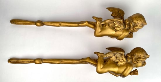 Pair of Large Gilded Decorative Cherub Wall Mounts or Curtain Tiebacks