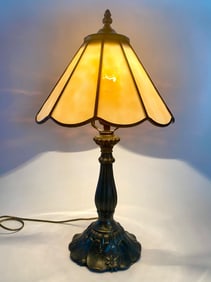 Vintage Stained Glass Panel Shade Table Lamp with Cast Metal Base