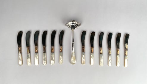 Set of 12 Universal L.F. & C Sterling and Mother of Pearl Butter Knives with Serving Spoon