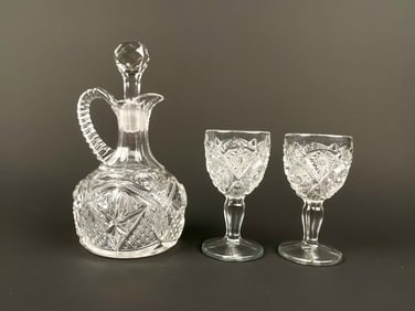 Cut Crystal Decanter and Cordial Glass Three Piece Set