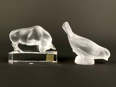 Lalique France Frosted Crystal Bull and Sparrow Figurines