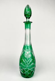Emerald Green Cut-to-Clear Crystal Decanter and Cordial Set, 7 Pieces