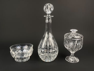 Group of Cut and Pressed Crystal Tableware featuring Decanter, Lidded Compote, and Bowls