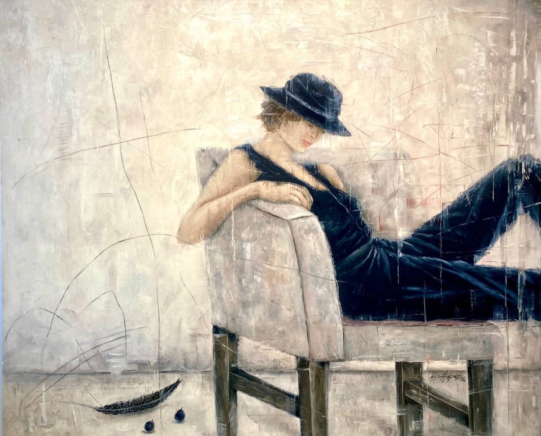 Erica Hopper, Reclining Woman, Giclee, Signed & Numbered 7/75: Figurative artwork by artist Eric Hopper, depicting a woman reclining on a chair wearing a dark hat and attire. The artwork is signed by the artist in the lower right corner and marked as a numbered p
