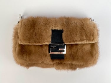 Fendi Tan Mink Fur Baguette Clutch with FF Buckle (No Strap)