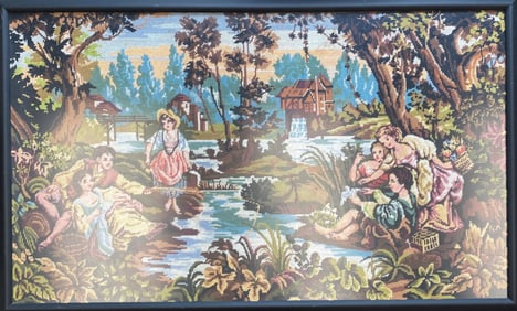 Large Framed Needlepoint Tapestry Depicting Pastoral Scene