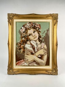 Framed Needlepoint Portrait of a Girl with Flower Crown