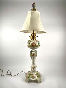 Large Dresden-Style Porcelain Figural Lamp with Hand-Painted Scenes and Applied Flowers