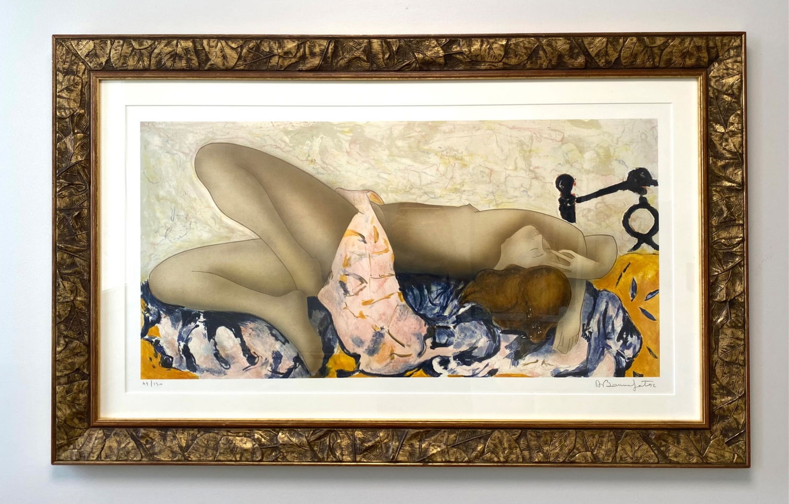 Reclining Nude Lithograph, 1992 Signed by Alain Bonnefoit (49/130): Limited edition lithograph by Alain Bonnefoit, numbered 49/130, signed in the lower right corner. The artwork depicts a reclining figure in a modernist style with rich colors and abstract elements. Fr