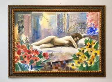 Signed Rozenvain Watercolor Reclining Nude in Gold Frame