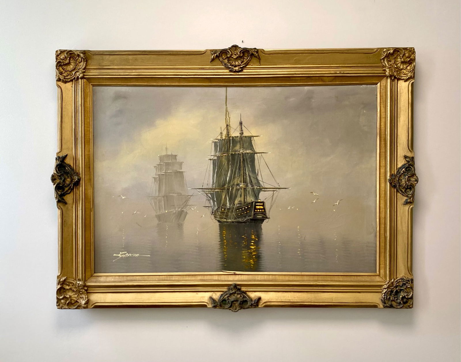 Oil Painting On Canvas Sailing Ship Signed Morgan