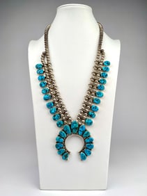 Navajo Sterling Silver & Turquoise Squash Blossom Necklace