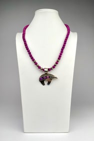 Sterling Silver Bear Pendant Necklace with Magenta Beads