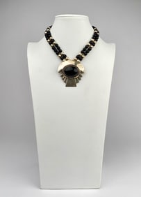 Signed Sterling Silver Necklace With Onyx and Beaded Design
