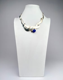 Sterling Silver Necklace with Lapis Lazuli Cabochon, Signed