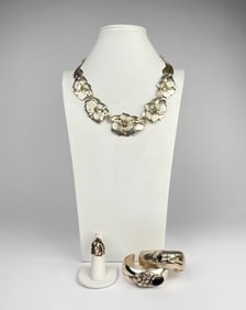 Mexican Sterling Silver Floral Jewelry Set Including Necklace, Ring, & Cuff Bracelets
