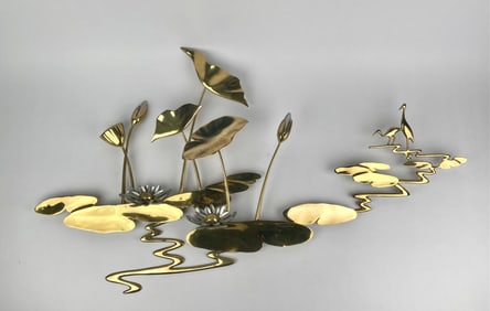 Bijan Signed Brass Water Lily & Crane Wall Sculpture, 1987