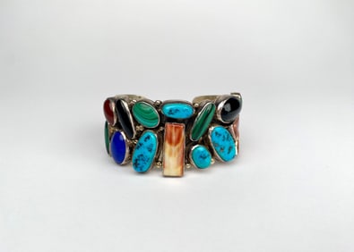 Sterling Silver Multi-Stone Cuff Bracelet Signed Sam Piaso