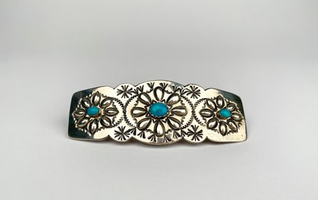 Sterling Silver Hair Clip with Turquoise Accents & Stamped Markings