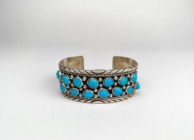 Sterling Silver Cuff Bracelet with Turquoise Accents, Signed JS