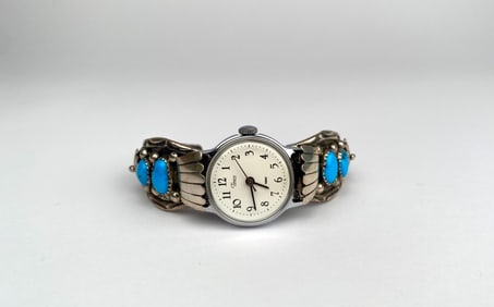 Navajo Sterling Silver Cuff Watch with Turquoise Inlays & Floral Detailing, Signed