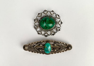 Vintage Sterling Silver Brooch Pair (Navajo Turquoise & Filigree Malachite)