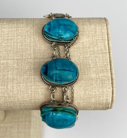 Sterling Silver & Turquoise Egyptian Revival Scarab Bracelet