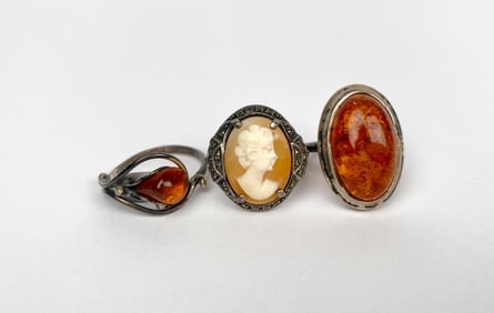 Three Sterling Silver Rings: Cameo & Amber Designs