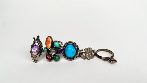 Lot of Five Sterling Silver Rings with Gemstones & Charm