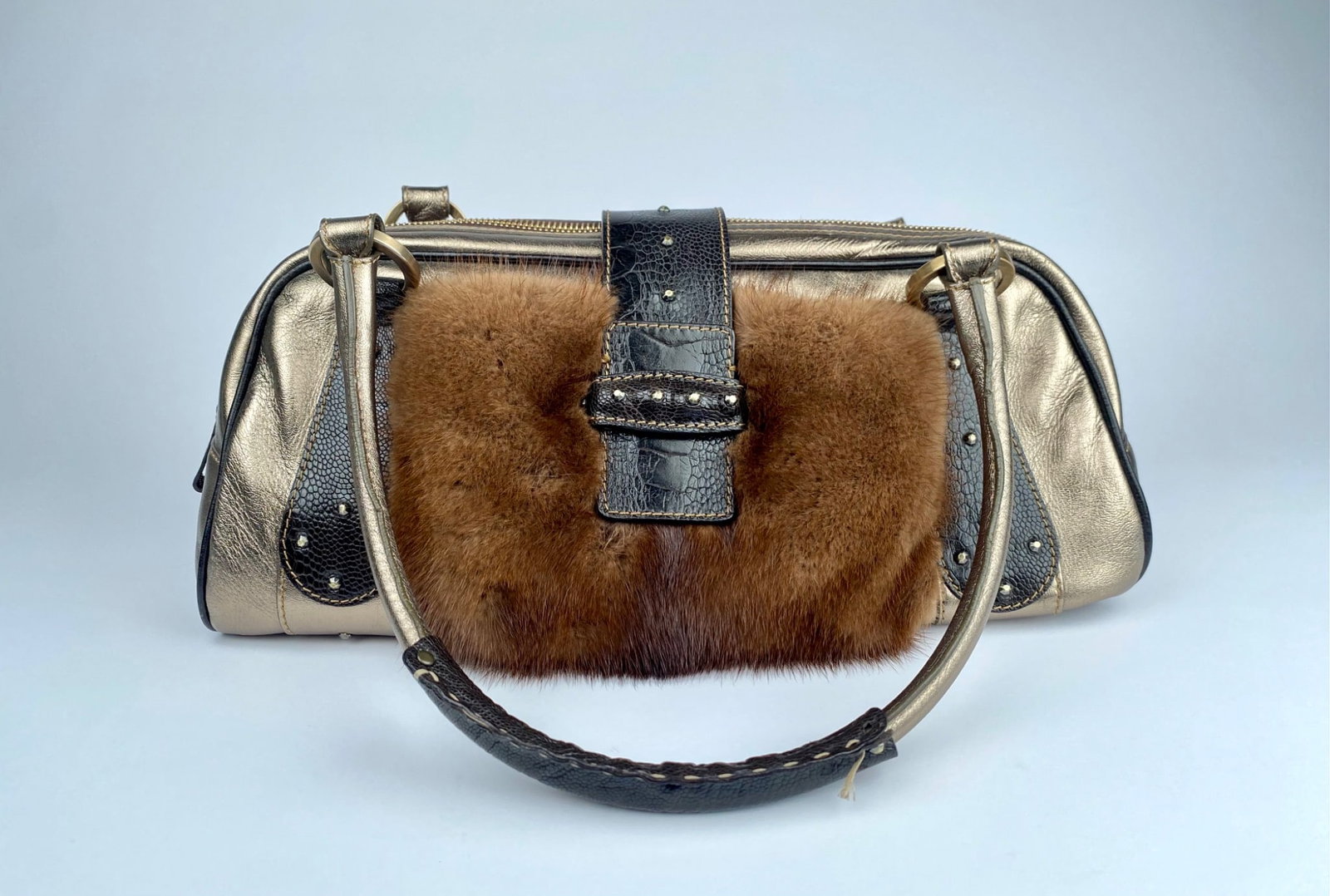 Valentino Rockstud Metallic Leather Bag with Mink Fur Front Panel (1 of 9)