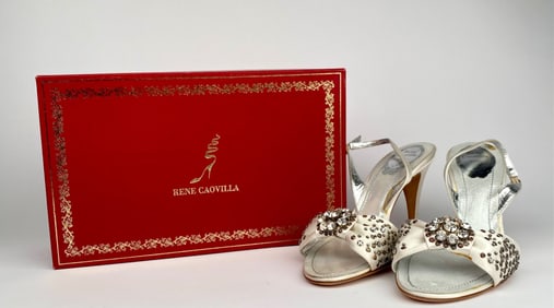 Rene Caovilla White Embellished Satin Slingback Heels with Box, Size 39