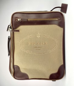 Prada VV030M Logo Jacquard Corda + Moro Rolling Suitcase with Leather Trim