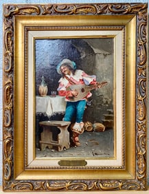 F. Mazzantoni Oil on Canvas Titled ‘A Solo’, in Ornate Gilt Frame