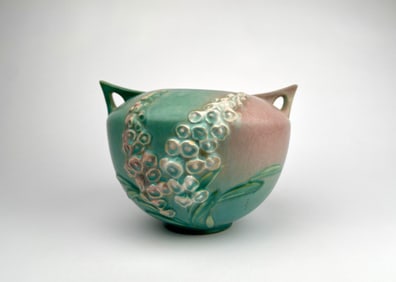 Roseville Pottery Foxglove Vase, Model 418-6, Pink & Green Glaze