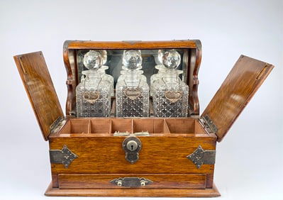 Late Victorian Oak Tantalus Liquor & Gaming Compendium with Three Cut Crystal Decanters