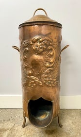 Victorian Art Nouveau Embossed Copper Coal Hod with Lid