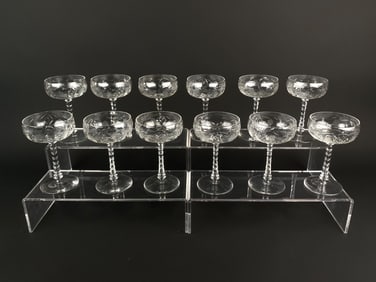 Set of 12 Hand-Cut Crystal Champagne Coupes with Faceted Stems