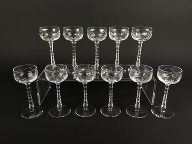 Set of 11 Cut Crystal Cordial Glasses with Faceted Knobbed Stems