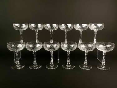Set of 12 Hand-Cut Crystal Champagne Coupes with Floral Etching