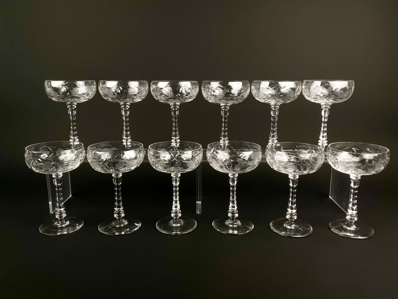 Set of 12 Hand-Cut Crystal Champagne Coupes with Floral Etching (1 of 9)