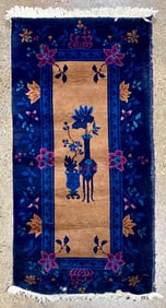 Handwoven Chinese Art Deco Rug, Floral & Vase Motif, 1920s