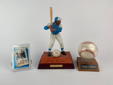 Hank Aaron Figurine, Signed Baseball, and Autographed Card Collection
