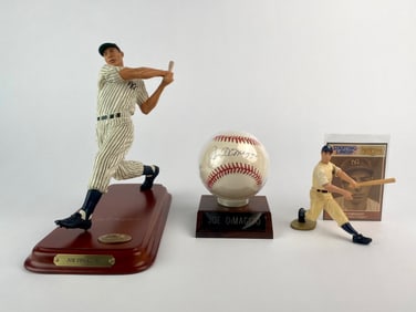 Joe DiMaggio Signed Baseball with Danbury Mint and Starting Lineup Figurines