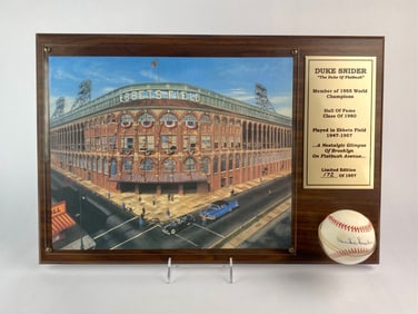 Duke Snider Signed Limited Edition Plaque with Ebbets Field Print and Autographed Baseball