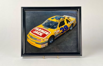 Framed Photograph of Farmer Jack Racing Car Signed by Dick Trickle