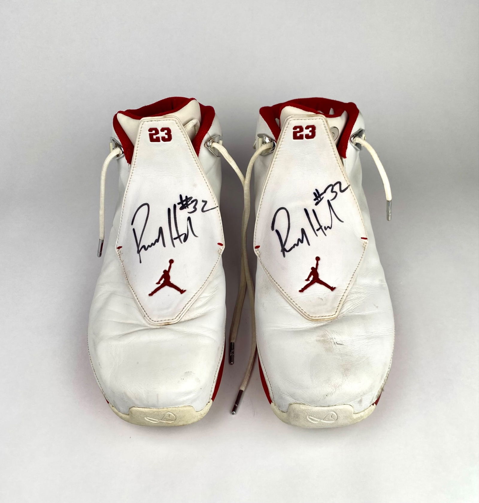 Richard “Rip?? Hamilton #32 Signed Air Jordan Shoes (Size 14): Air Jordan sneakers signed by Richard Hamilton on each shoe. Model number 305869 161, featuring a white and red color scheme with the size marked as US 14. Both shoes showcase autographs with personal