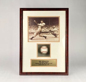 Framed Joe DiMaggio Signed Baseball Display with Photo and Plaque