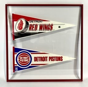 Framed 1989 Detroit Red Wings and Detroit Pistons Pennants