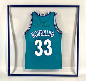 Alonzo Mourning Signed Charlotte Hornets Number 33 Jersey in Display Case