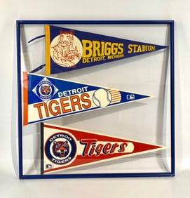 Framed Collection of Detroit Tigers and Briggs Stadium Pennants